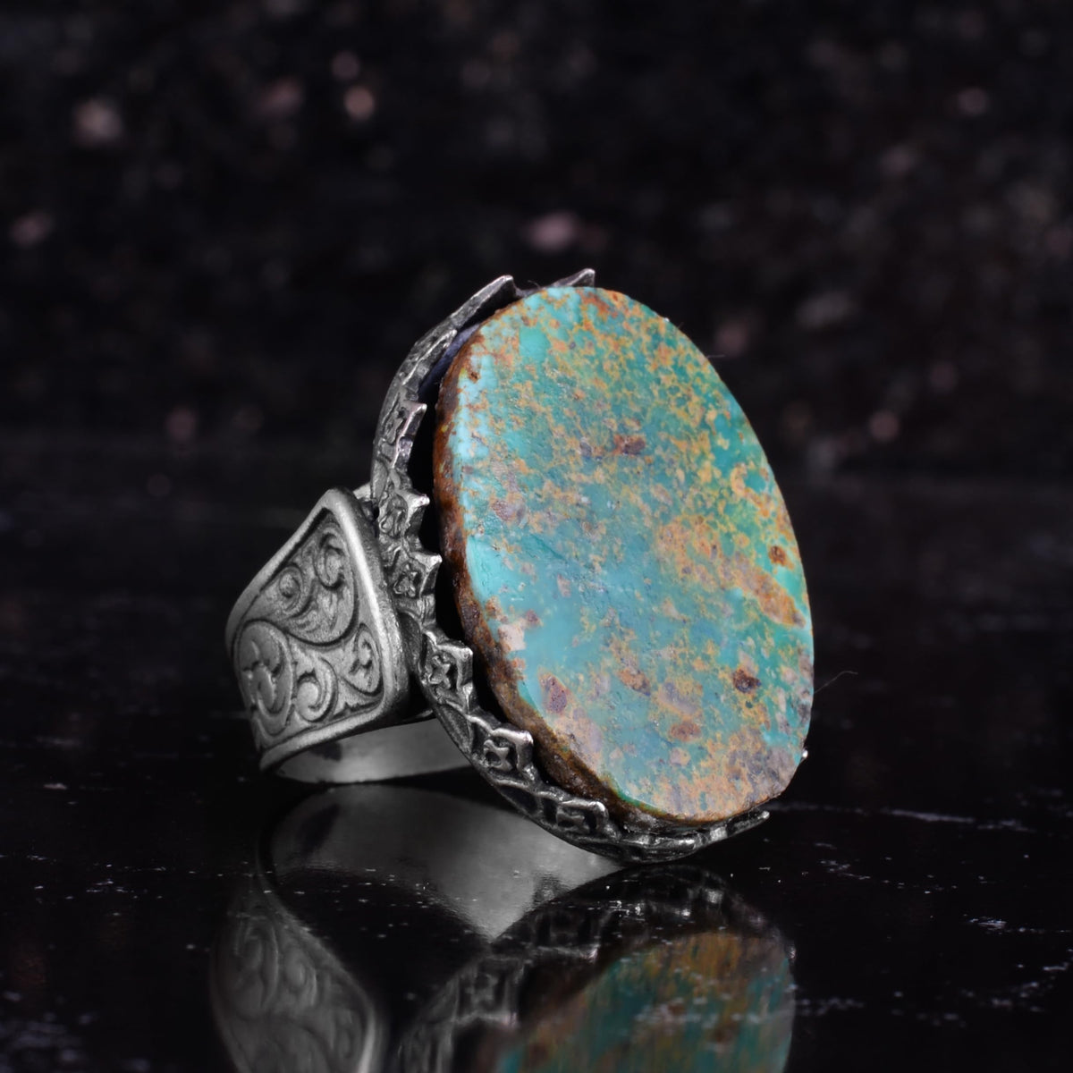 KAMBO Natural Turquoise Stone Large Ring Men's 925 Sterling Silver Handmade Vintage Pattern Statement Ring — 6