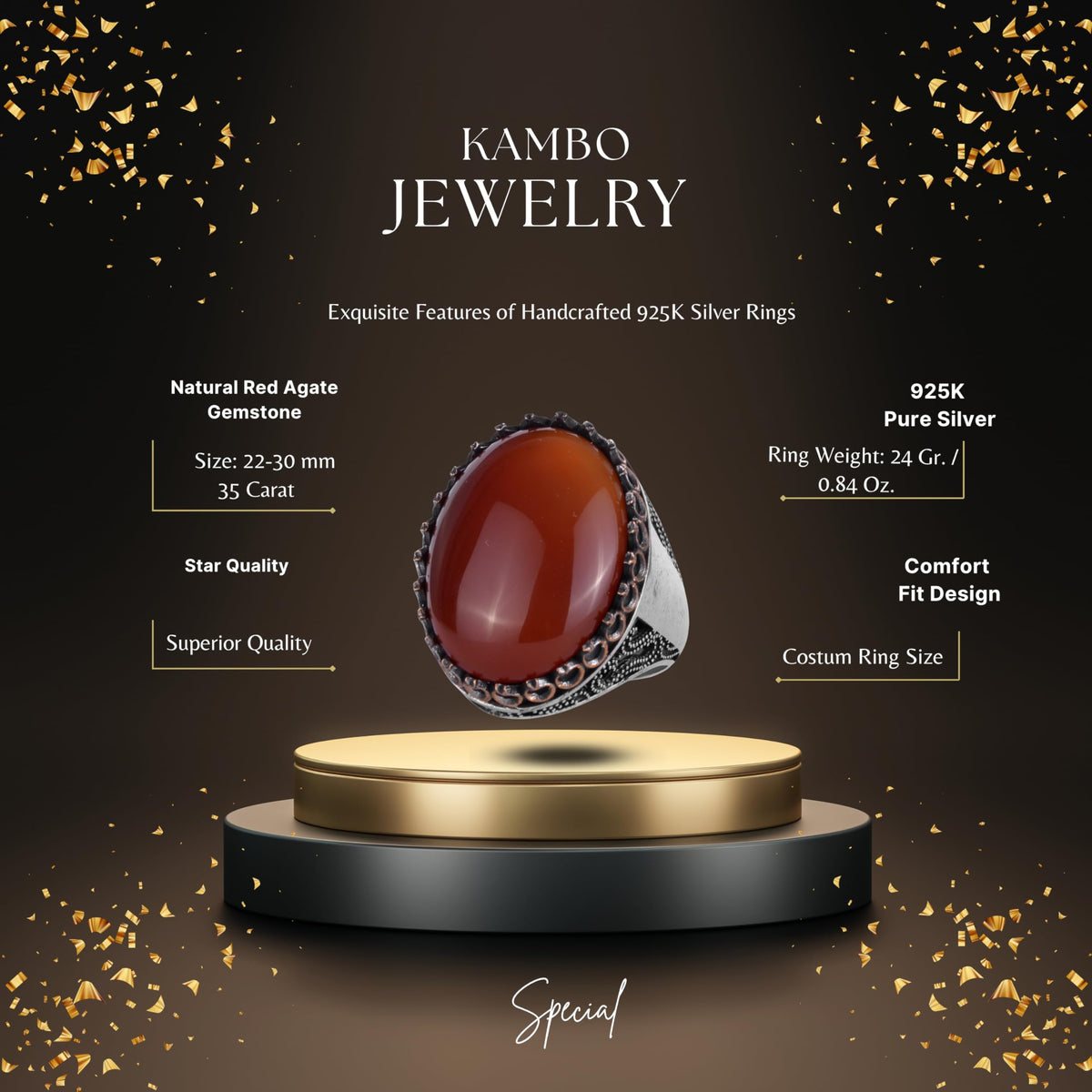 KAMBO Natural Red Agate Men's Ring 925 Sterling Silver - Large Oval Cabochon Statement Vintage Handmade Design — 2