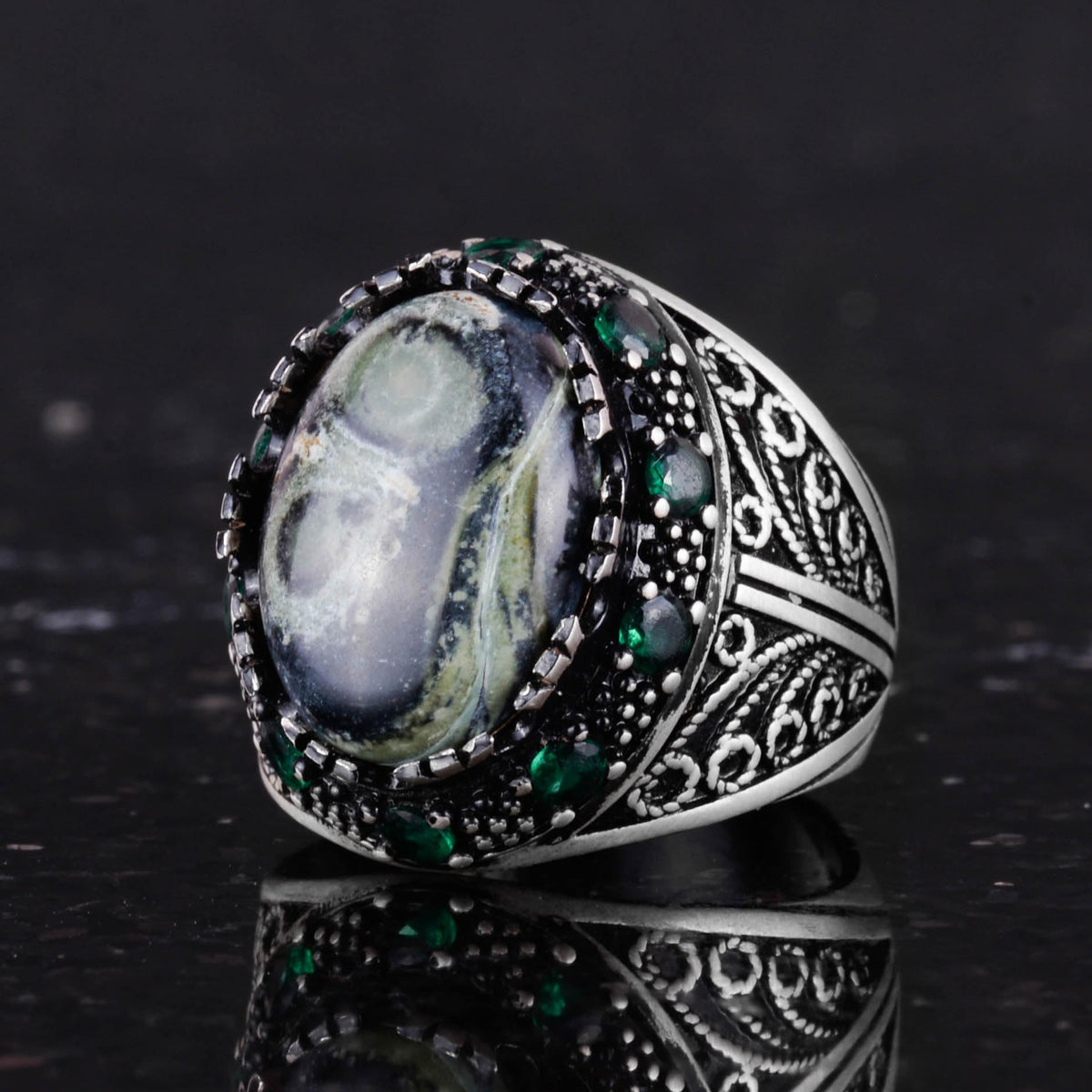 Natural Green Eye Stone Ring - Handmade 925 Sterling Silver Men's Jewelry — 6
