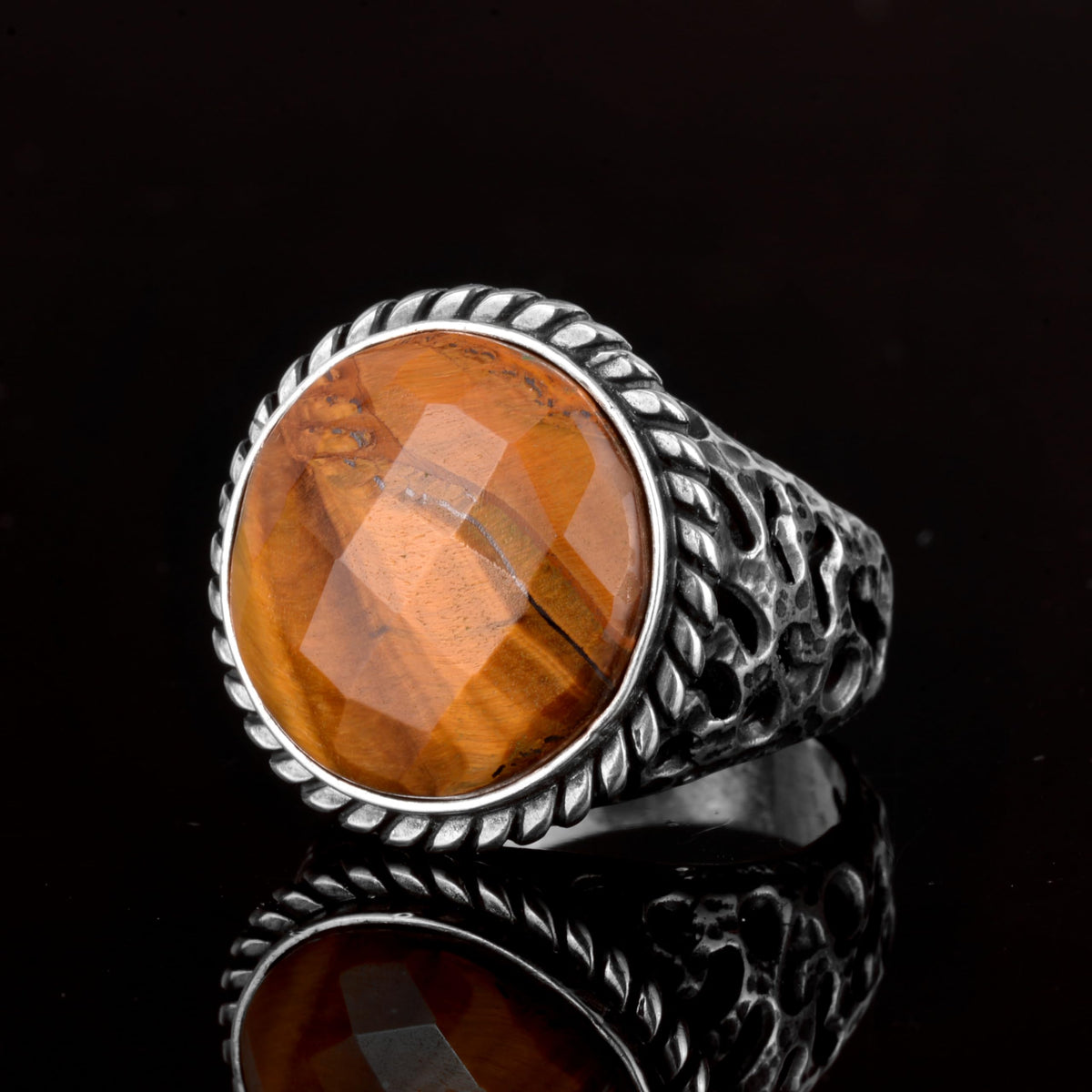 Natural Tiger's Eye Stone Ring, 925 Sterling Silver Men's Ring — 5