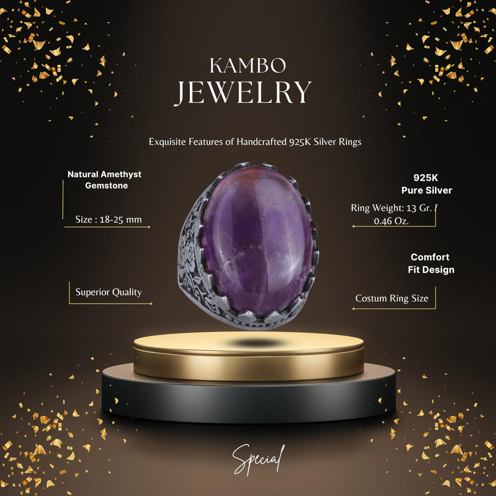 Natural Amethyst Stone Ring - Rose Pattern 925 Sterling Silver Ring — 2