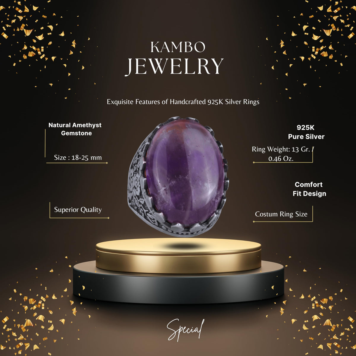 Natural Amethyst Stone Ring - Rose Pattern 925 Sterling Silver Ring — 2
