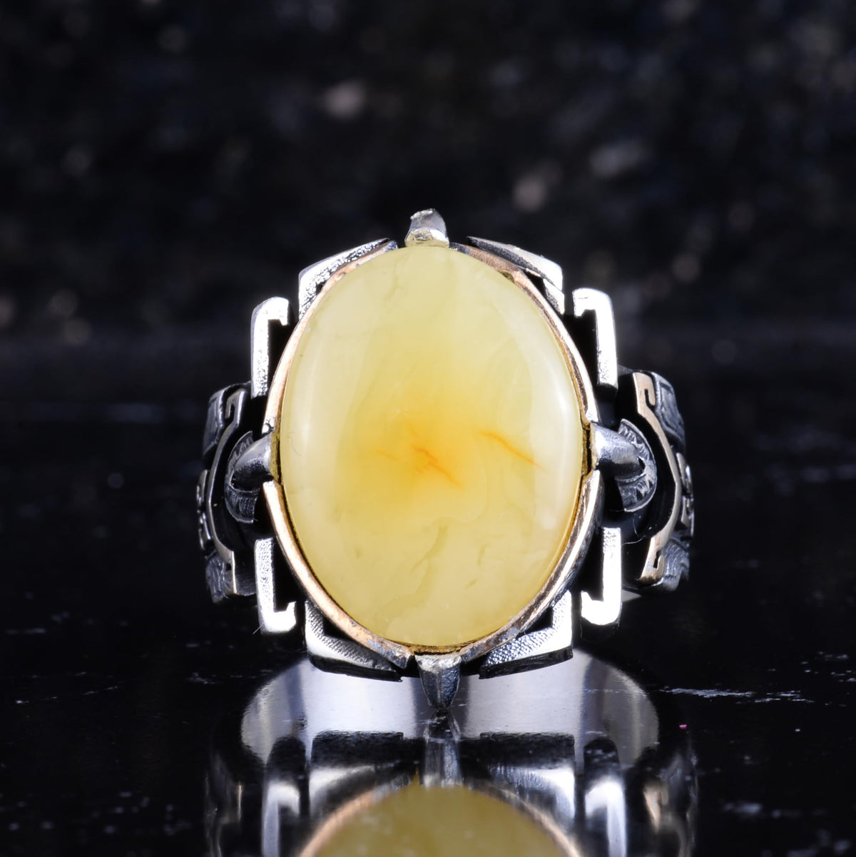 KAMBO Natural Stone Ring 925 Sterling Silver – Handmade Men's Statement Ring Healing Jewelry (Amber) — 4