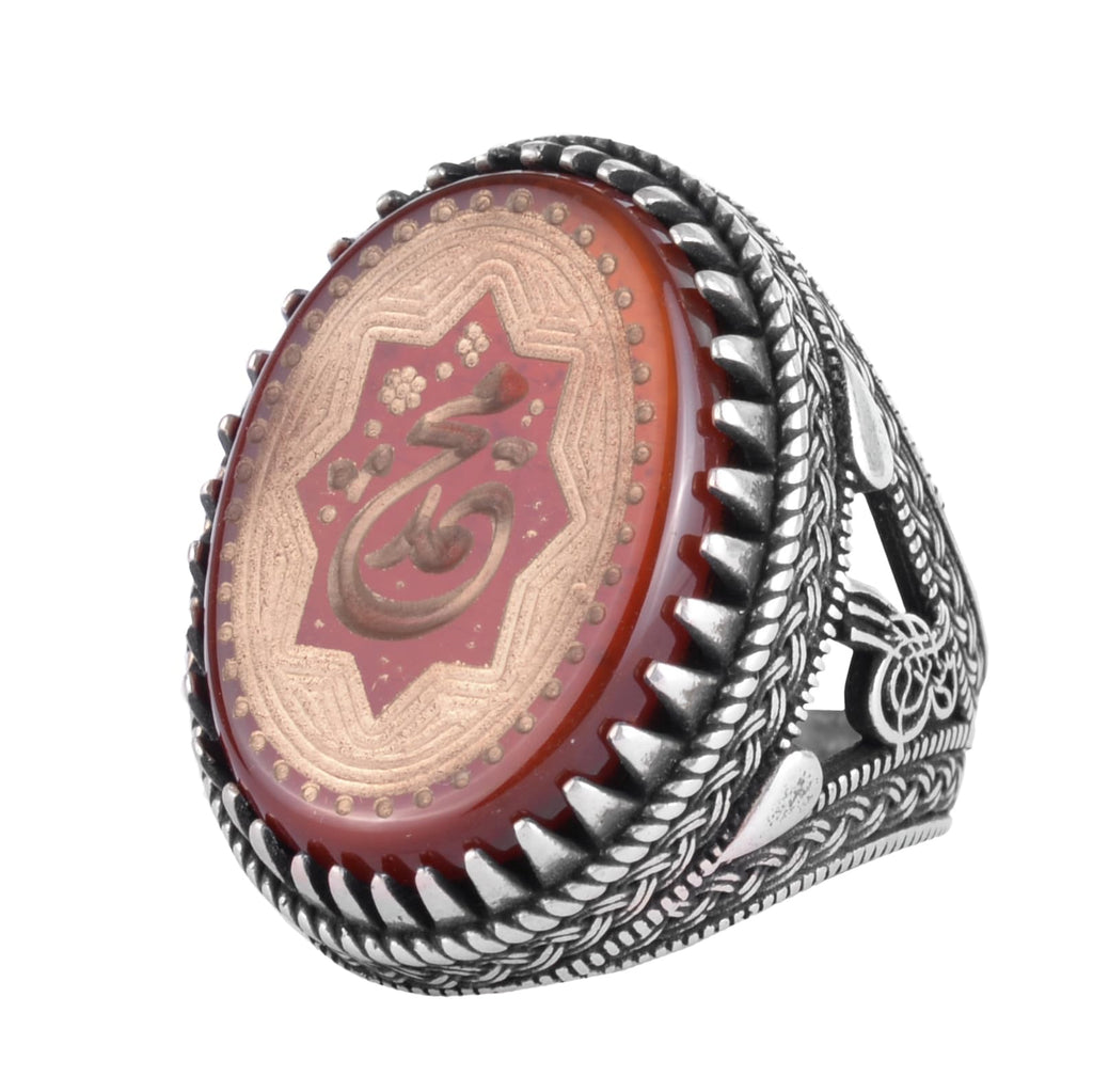KAMBO Natural Agate Engraved Ottoman Tugra Style Seal Ring 925 Sterling Silver Large Men's Ring Oval Red Stone Handmade Vintage Design (Arabic ع (Ayin))