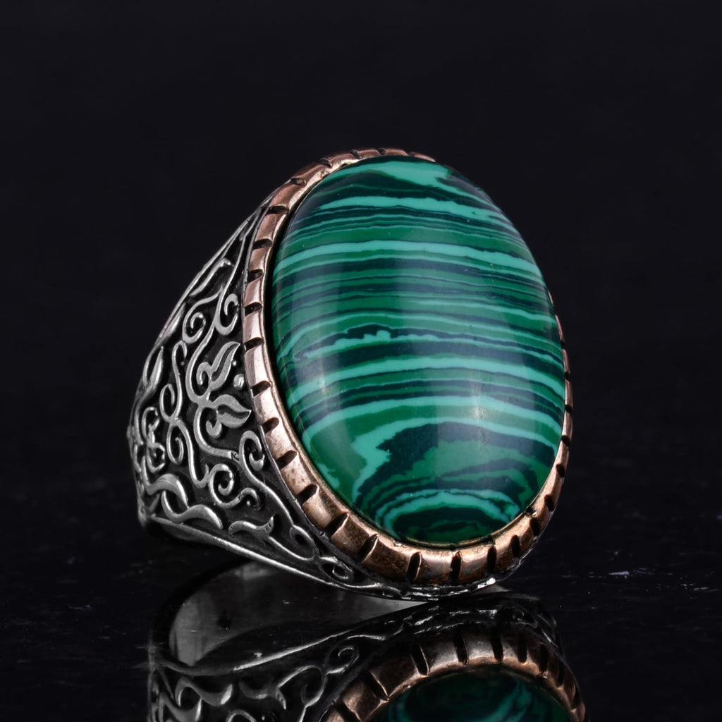 Big Ring, Natural Malachite Stone Ring, 925 Sterling Silver Men's Ring — 7
