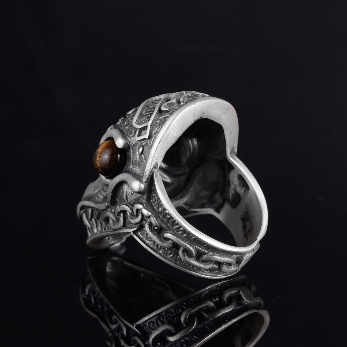 KAMBO Natural Stone Dragon Large Ring - Men's 925 Sterling Silver Gothic Handmade Statement Jewelry (Tiger's Eye) — 7