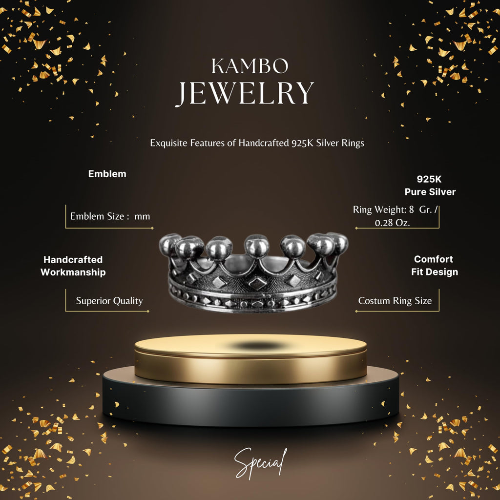 Falcon Jewelry KAMBO Handmade 925 Sterling Silver Crown Motif Ring for Men – Vintage Statement King Style Band, Unique S