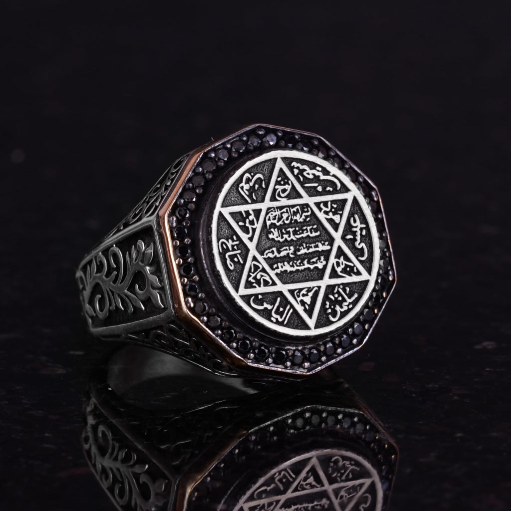 KAMBO Solomon Seal Ring Handmade 925 Sterling Silver Men’s Statement Ring with Onyx Stone and Star of David Jewish Desig