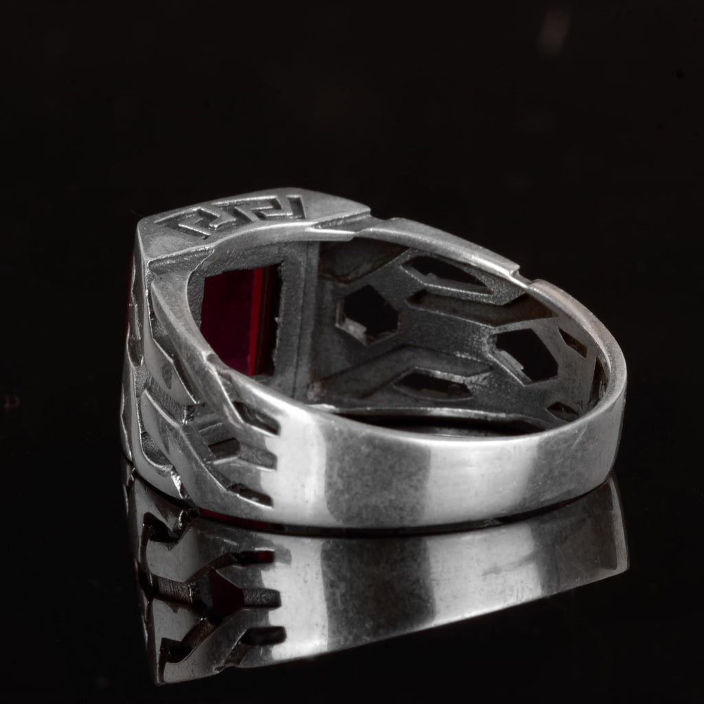 Kambo Real Natural Stone Men's Ring - 925 Sterling Silver Greek Key Pattern Ring — 6