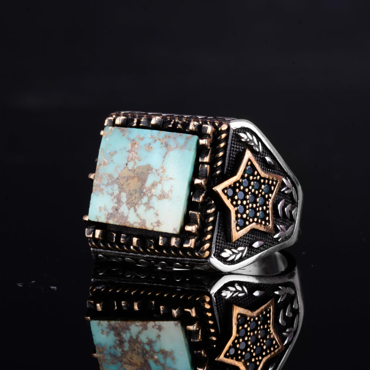 KAMBO Natural Stone Men's Ring – 925 Sterling Silver Star Motif Square Cut Ring (Turquoise) — 5
