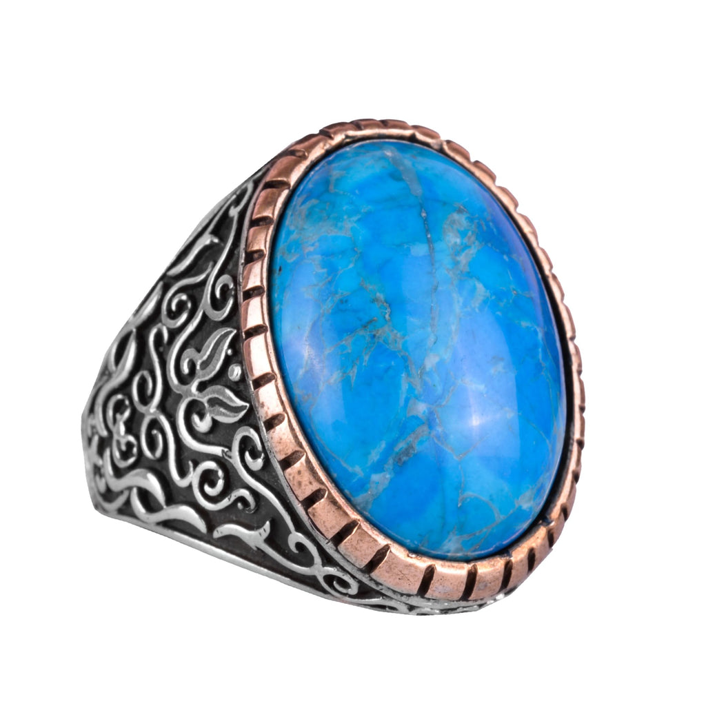 KAMBO Synthetic Stone Ring, 925 Sterling Silver Men's Ring, Big Ring (Synthetic Turquoise Stone)