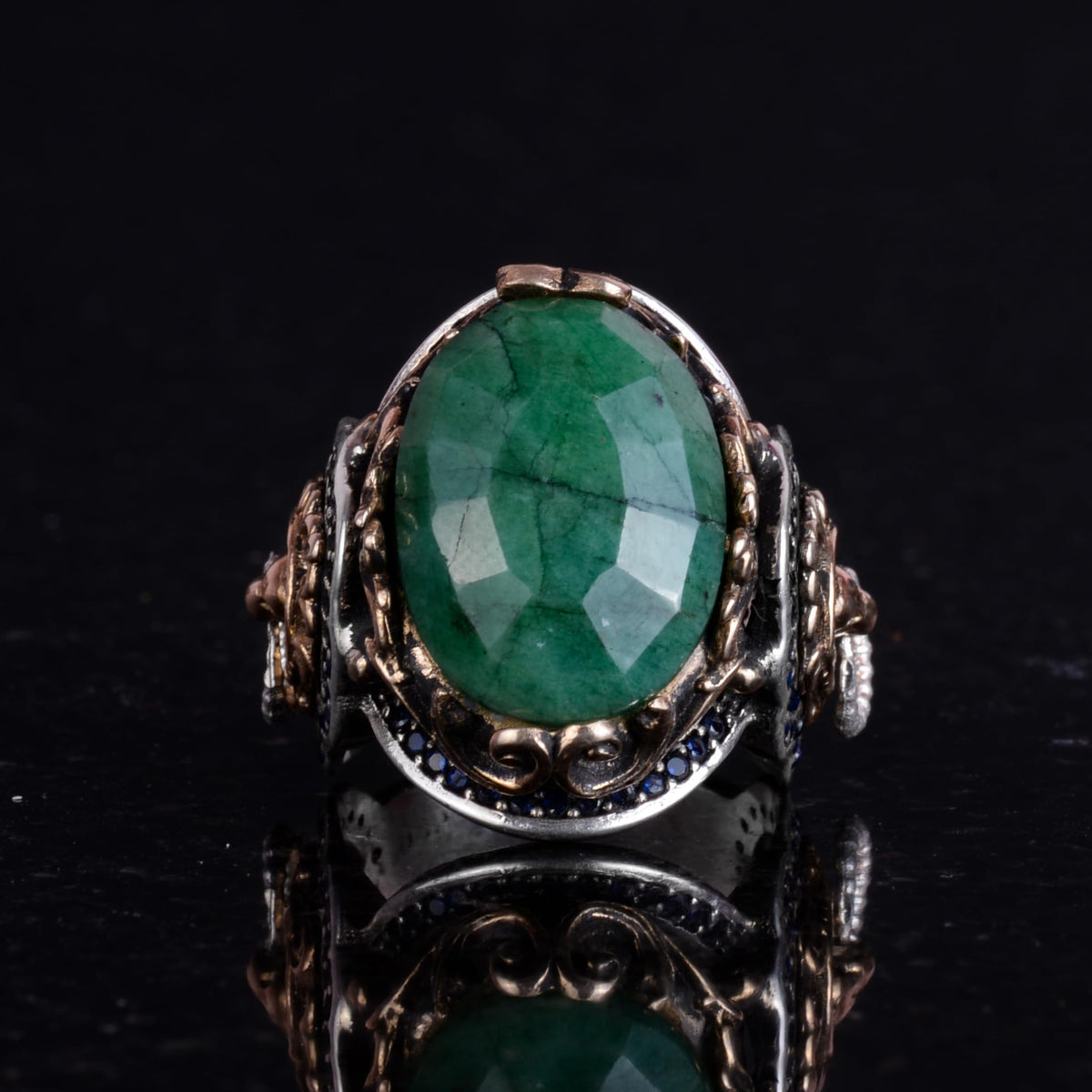 Natural Emerald Stone Ring, Lion Signal Ring - 925 Sterling Silver Ring — 5