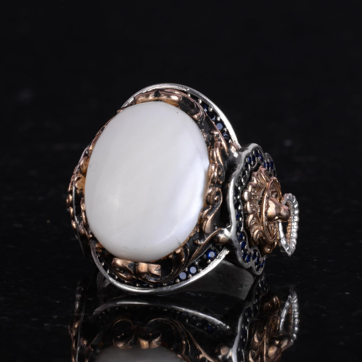 Lion Head Men's Ring, Natural Pearl Stone Ring - 925 Sterling Silver Ring — 5