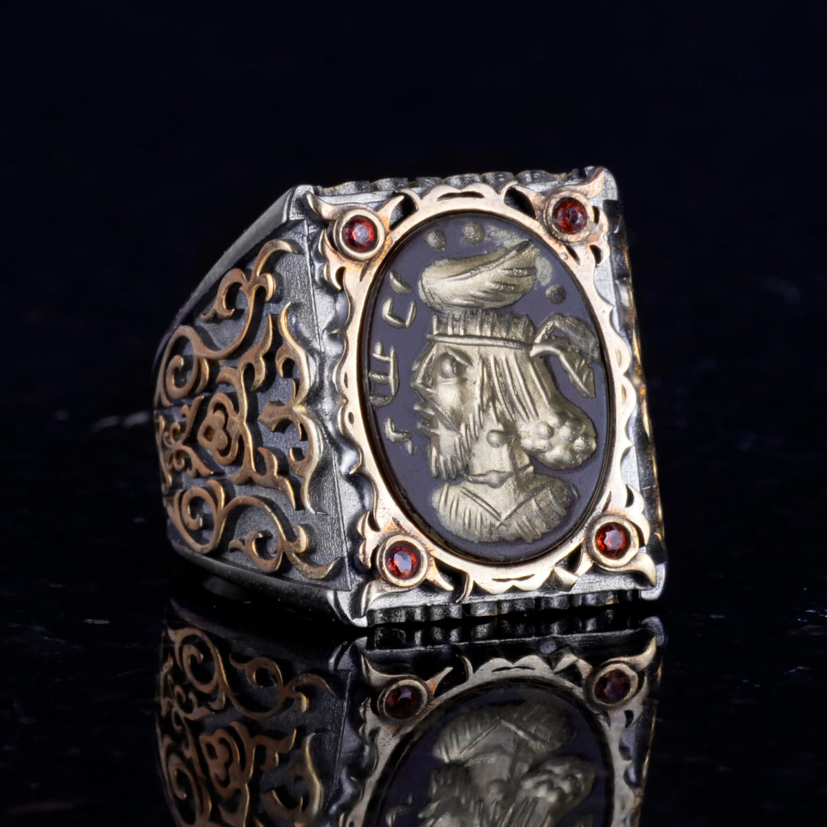 Natural Agate Stone Ring - Skull Warrior Silver Ring - 925 Sterling Silver Men's Ring — 5