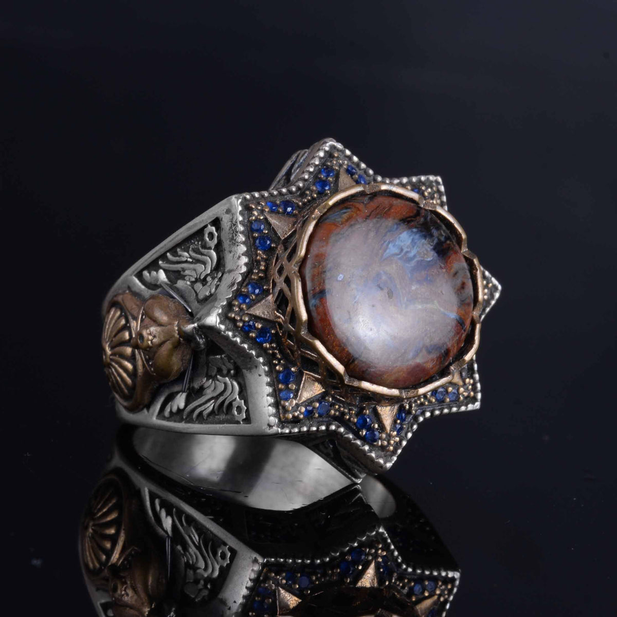 KAMBO 925 Sterling Silver Men's Natural Stone Ring – Warrior Helmet Motif Handmade Star Frame – Protective Spiritual Jewelry (Petersite) — 6