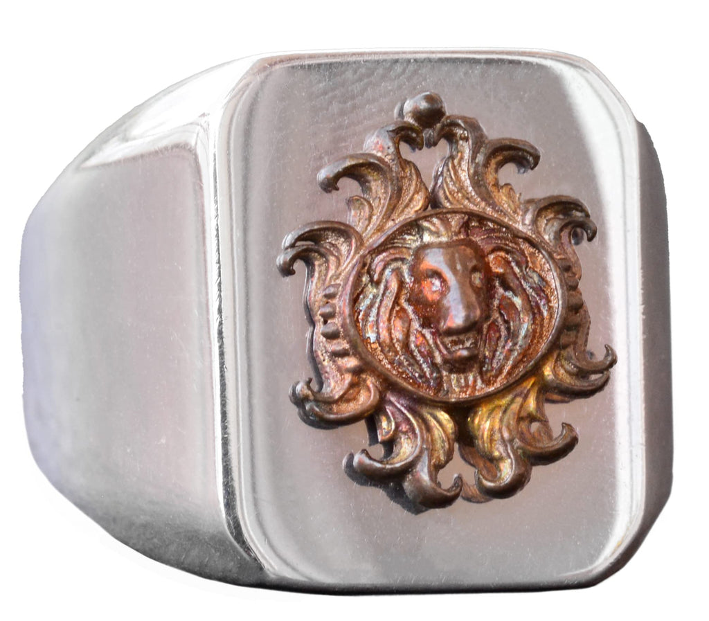 KAMBO Sterling Silver Signet Ring for Men, Handmade 925 Sterling Silver Lion Animal Motif, Vintage Statement Ring