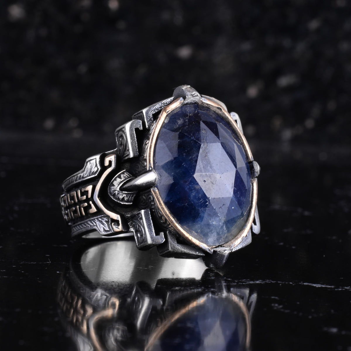 KAMBO Natural Stone Ring 925 Sterling Silver – Handmade Men's Statement Ring Healing Jewelry (Blue Sapphire) — 6