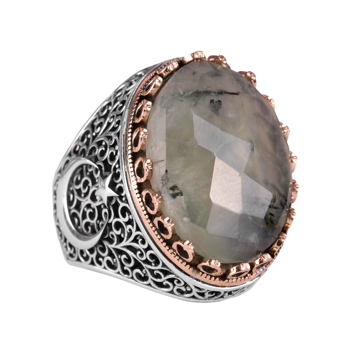 KAMBO 925 Sterling Silver Men's Natural Stone Ring - Moon and Star Design - Handmade Vintage Jewelry (Prehnite)