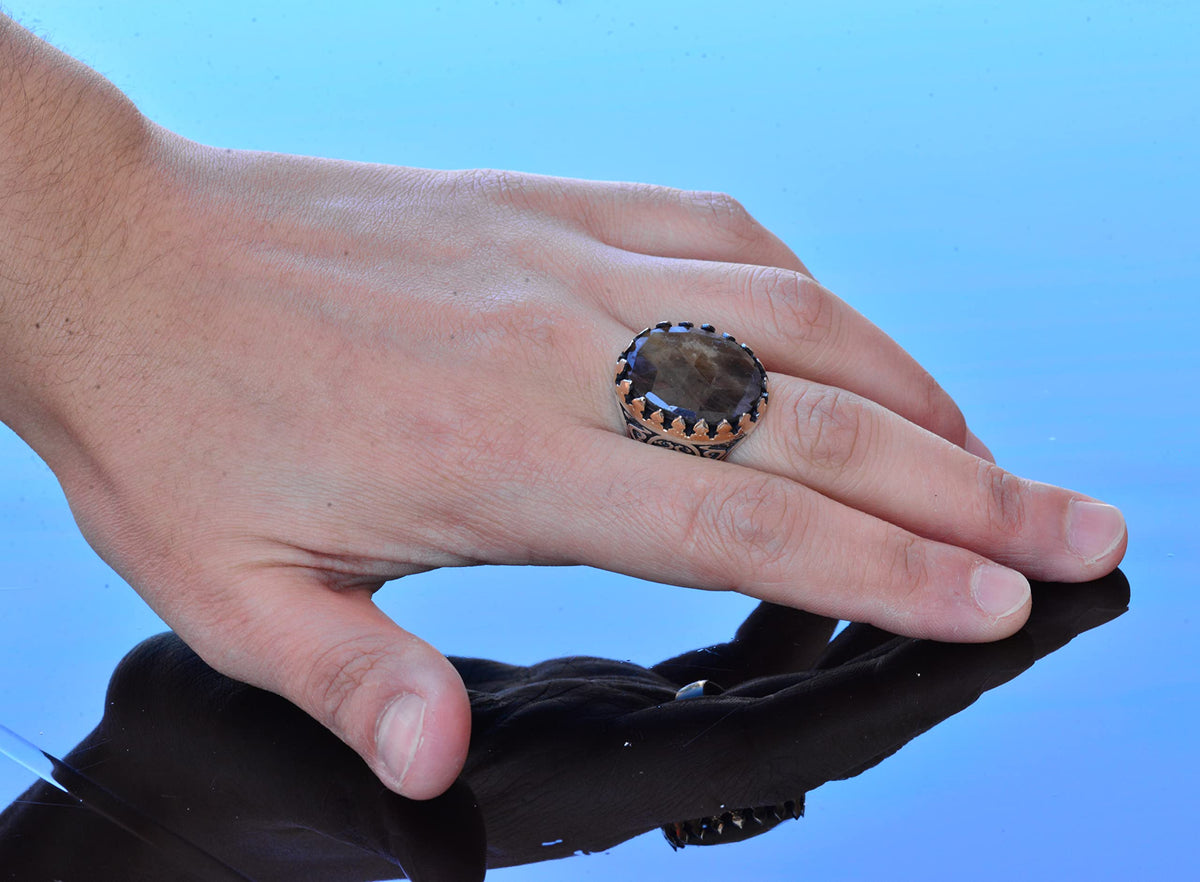 Natural Sapphire Oval Stone Ring - Silver Men's Ring — 6