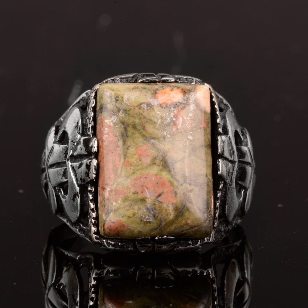 KAMBO Genuine Unakite Real Natural Stone Men's Ring, Handmade Ring, 925 Sterling Silver Ring, Men's Birthstone Ring — 3