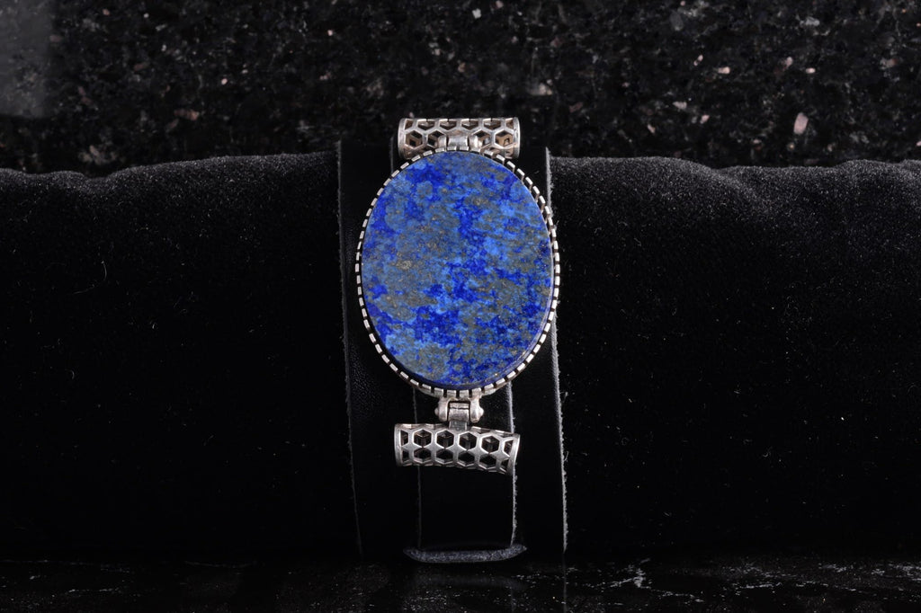 KAMBO Natural Lapis Lazuli Genuine Leather Cuff Bracelet for Men, Stone in 925 Sterling Silver Frame, Handmade Wide Wris