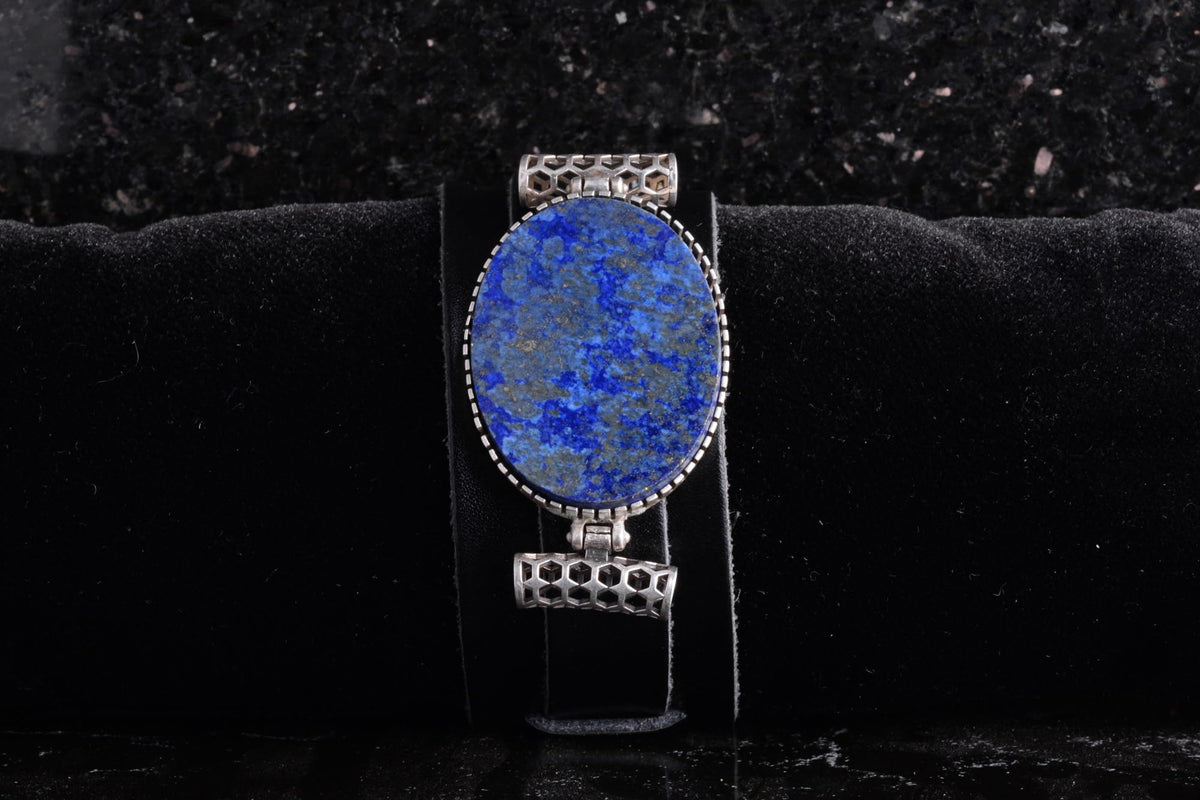 KAMBO Natural Lapis Lazuli Genuine Leather Cuff Bracelet for Men, Stone in 925 Sterling Silver Frame, Handmade Wide Wris