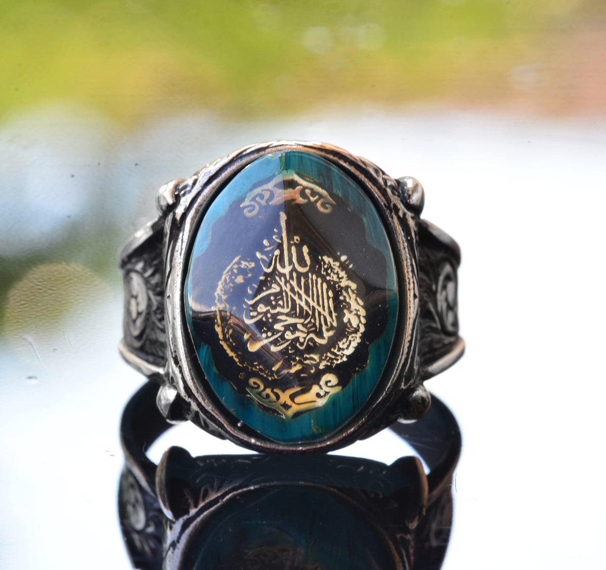 KAMBO Handmade 925 Sterling Silver Ayatul Kursi Ring with Amber Gemstone, Islamic Arabic Calligraphy Design, Vintage Sta
