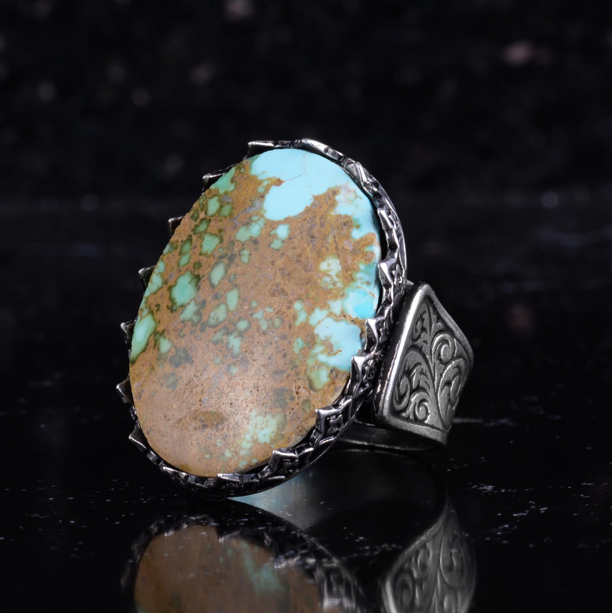 KAMBO Natural Turquoise Large Men's Ring 925 Sterling Silver Oval Statement Ring Raw Stone Vintage Handmade Ring (Turquoise-3) — 5