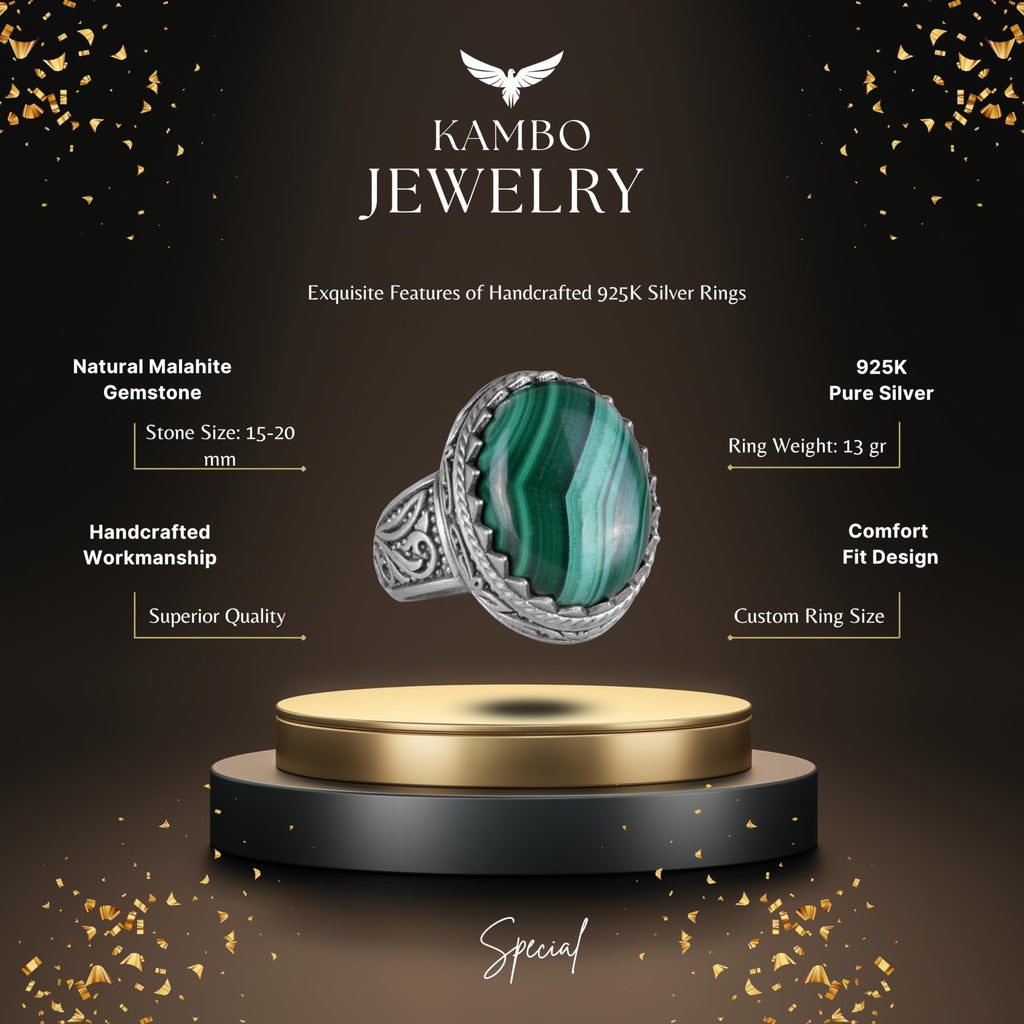 Handmade Malachite Stone Ring - 925 Sterling Silver Men's Ring — 5