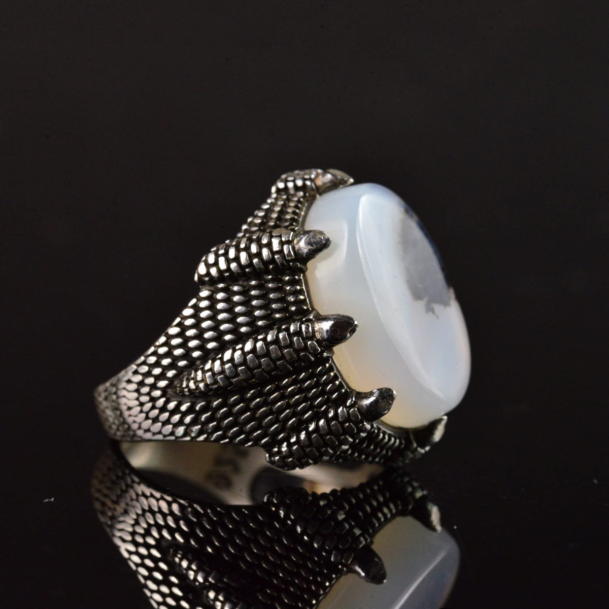 Silver Men's Ring, Real Yemen Agate Stone Ring, Eagle Claw Design — 4