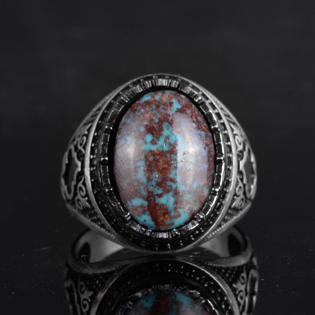 KAMBO Natural Turquoise Stone 925 Sterling Silver Men's Ring - Seljuk Figure Pattern Vintage Statement Jewelry (Style-2) — 4