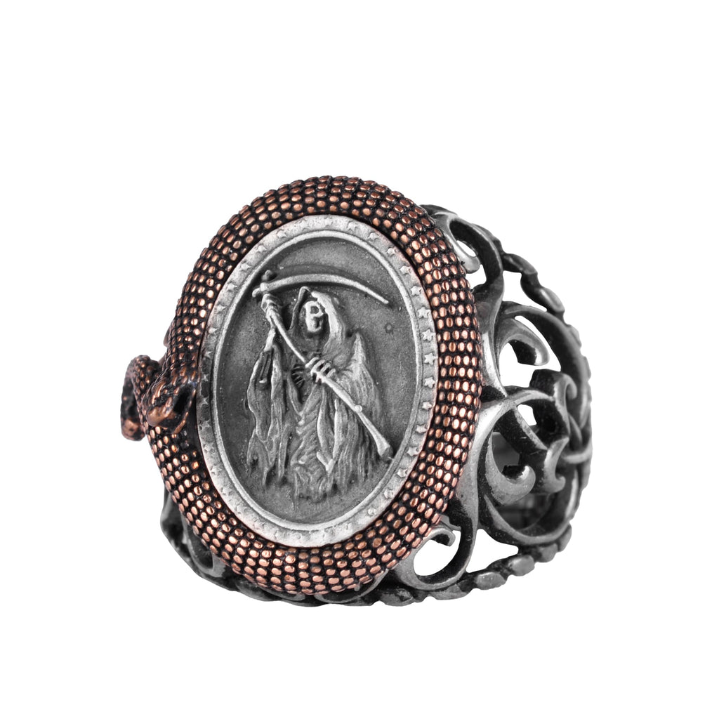 KAMBO Grim Reaper Men's Ring – 925 Sterling Silver Serpent Wrapped Frame Design – Handmade Gothic Death Reaper Jewelry – Filigree Skeleton Statement Ring