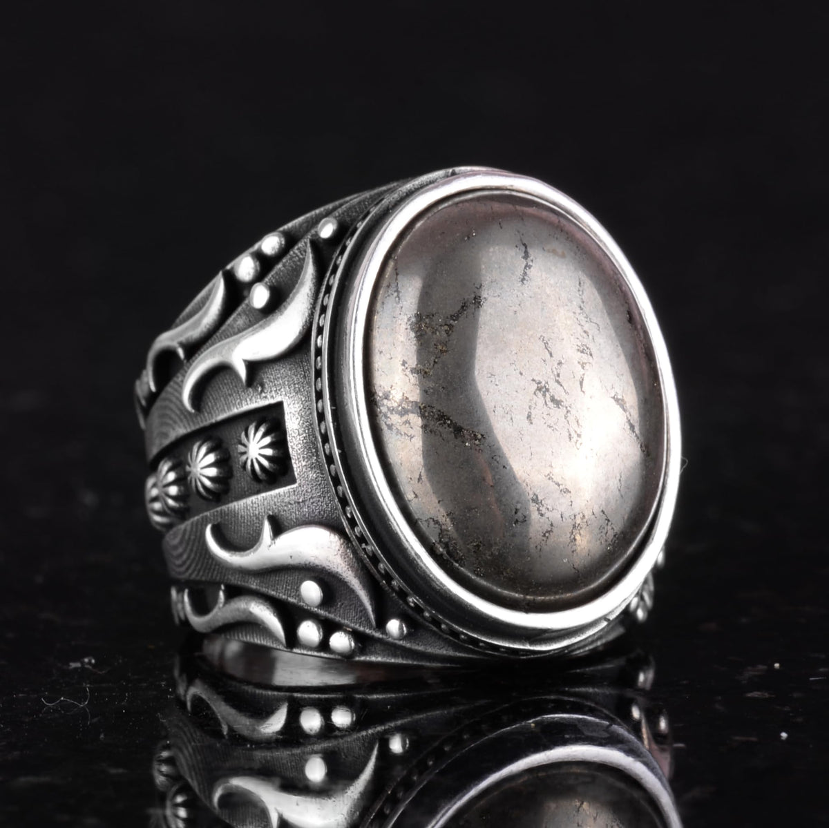 925 Sterling Silver Men's Ring - Natural Pyrite Stone Ring — 4
