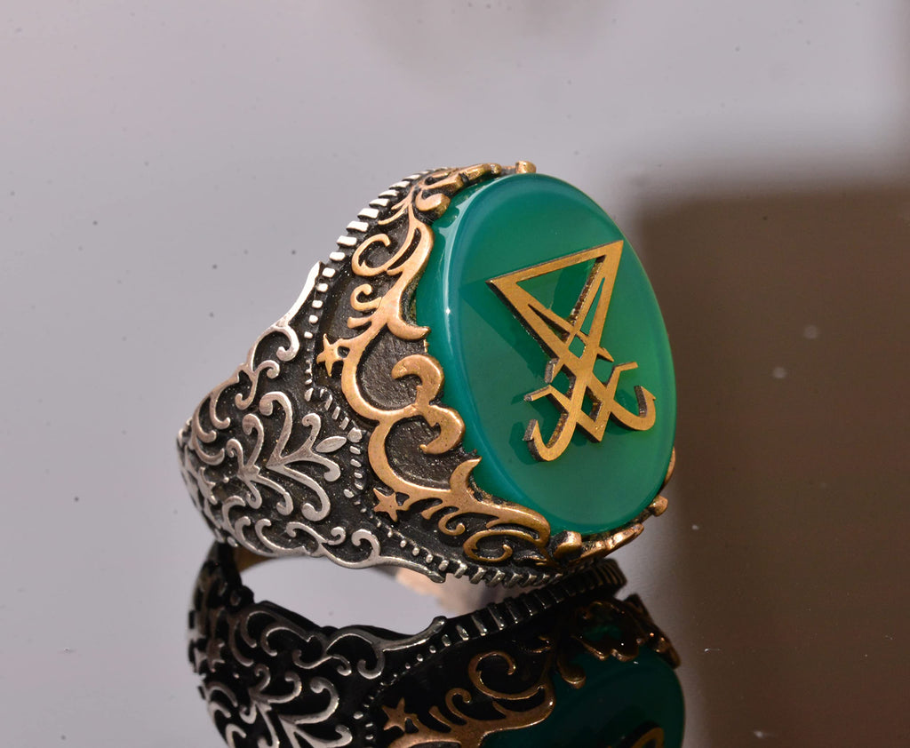 Kambo Handcrafted Silver Men's Ring - Green Synthetic Stone Lucifer Symbol, Bold and Unique Design — 4