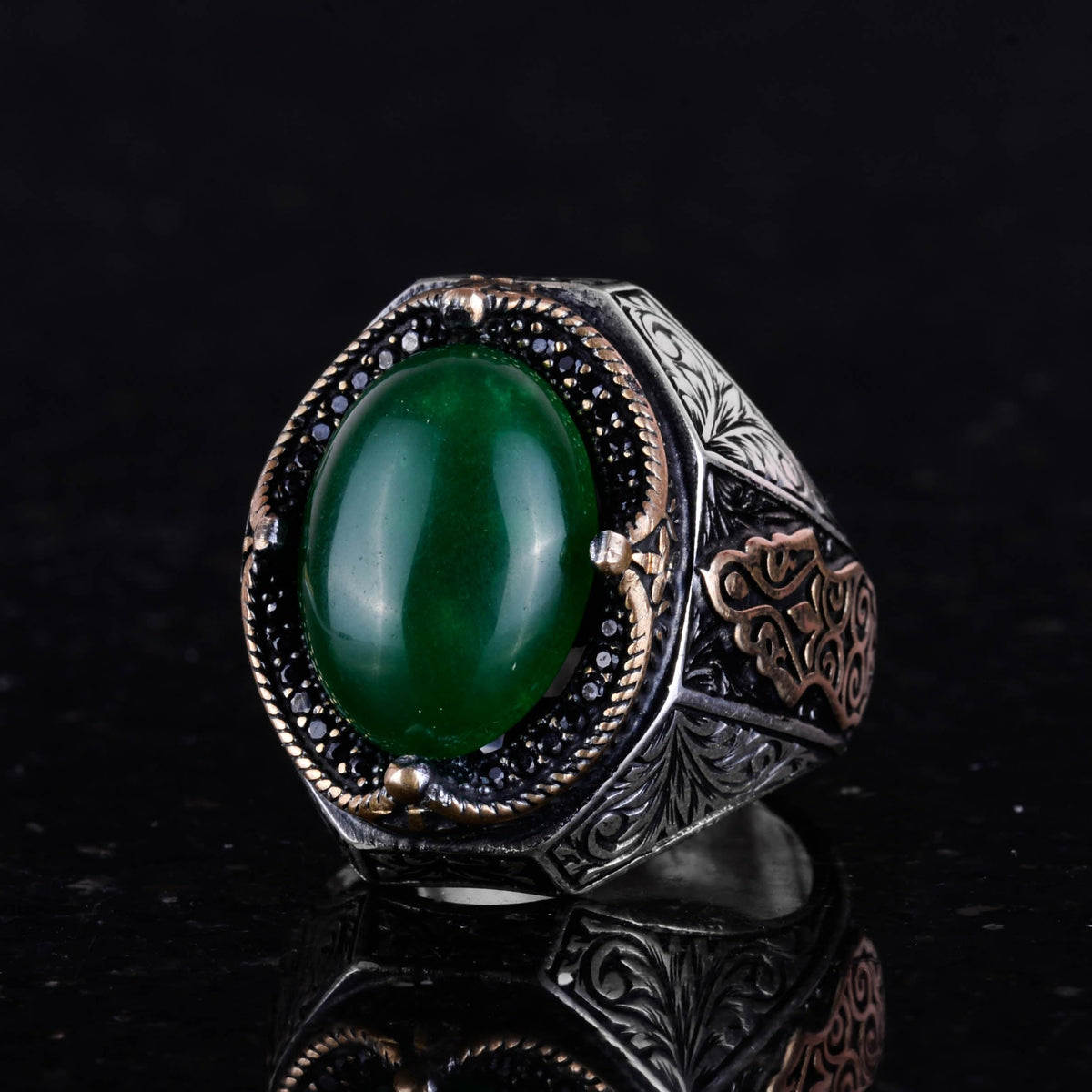 925 Sterling Silver Solid Men's Ring - Handmade Natural Jade Stone, Harmony and Abundance Design — 6