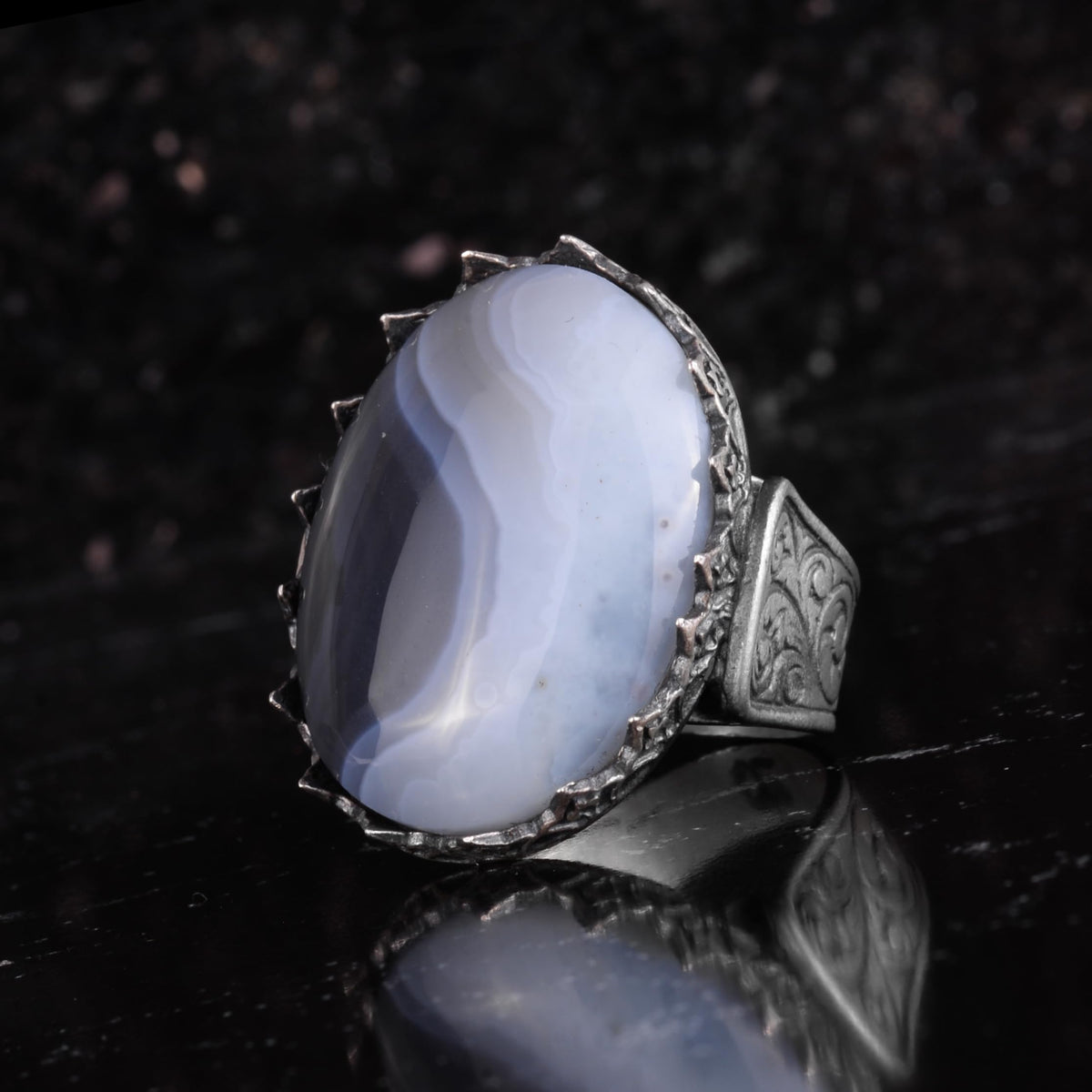 KAMBO Handmade Men's Ring with Natural Yemen Agate Stone – 925 Sterling Silver Statement Ring – Gray Band Aqeeq Stone Vintage Ottoman Style Masculine Jewelry — 5