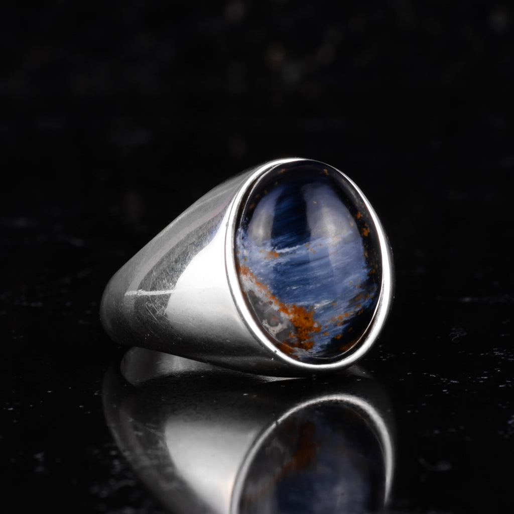 KAMBO Natural Men's Ring – 925 Sterling Silver Minimalist Oval Stone Ring – Handmade Classic Statement Jewelry (Pietersite) — 6