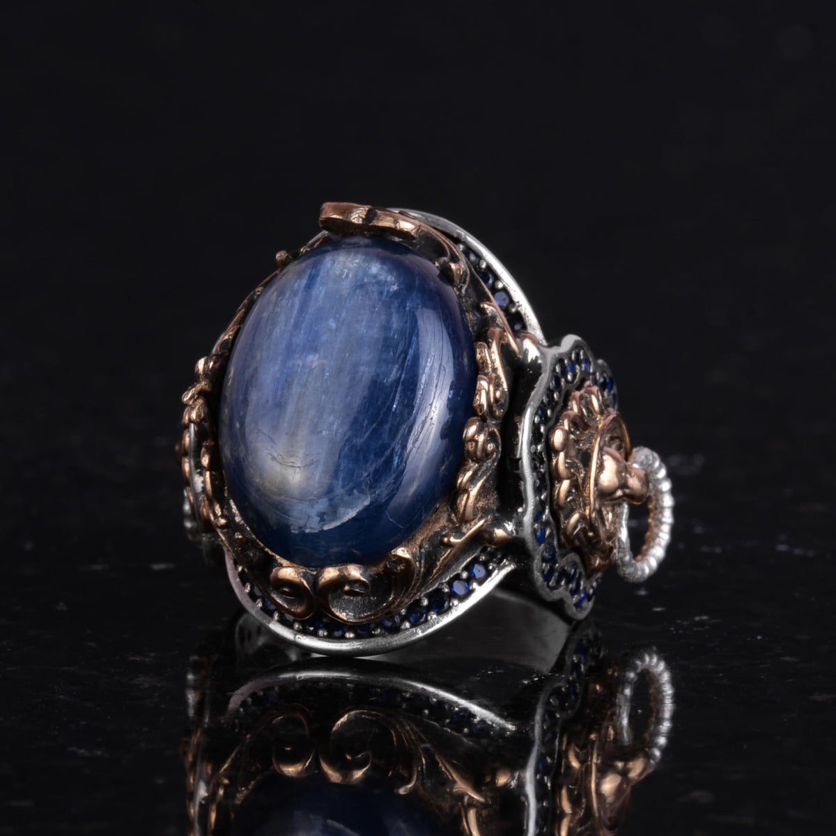 Handmade Lion Head Men's Ring - Natural Kyanite Stone 925 Sterling Silver — 5