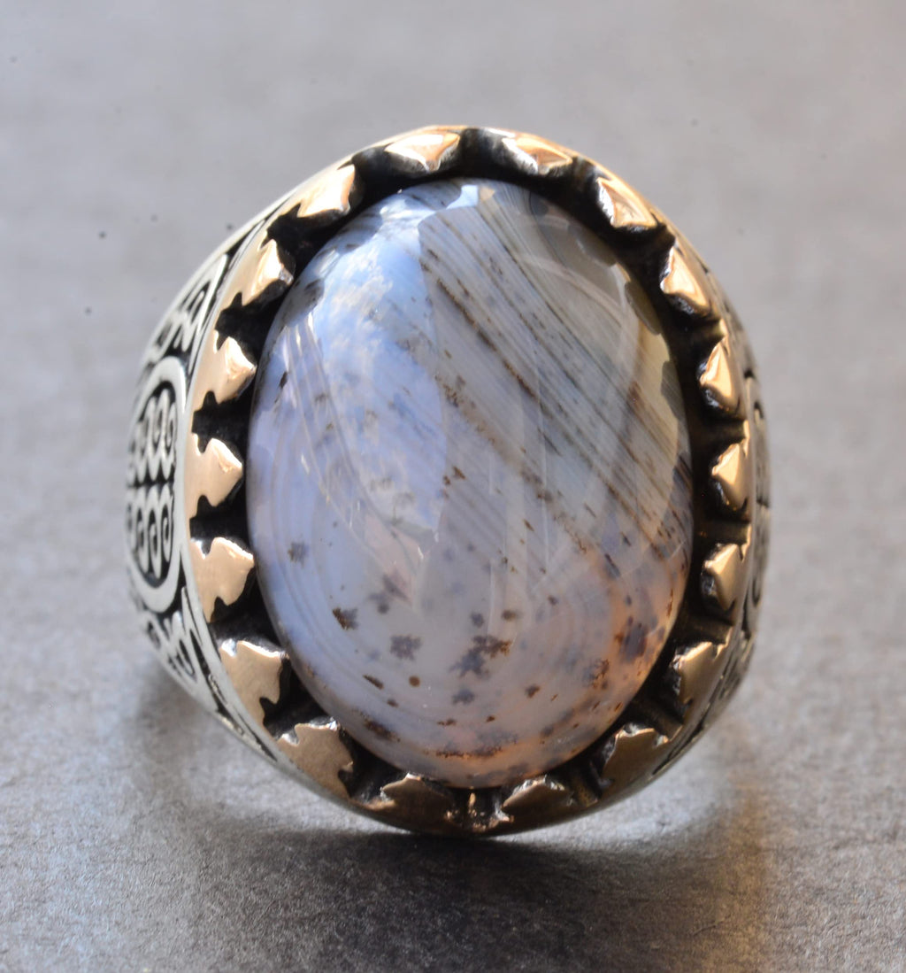 925 Sterling Silver Men's Ring - Natural Beige Wood Stone Vintage Design — 5