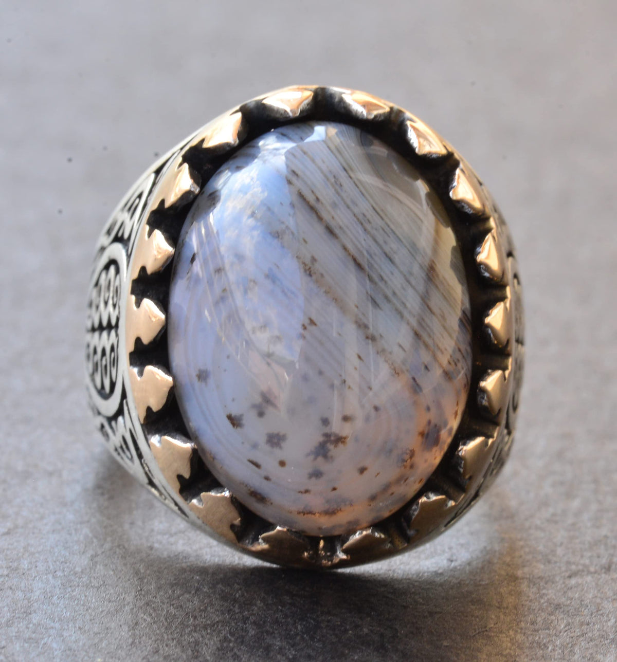 925 Sterling Silver Men's Ring - Natural Beige Wood Stone Vintage Design — 5