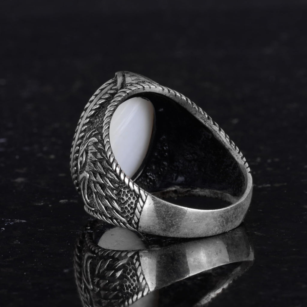 Men's Crescent and Star Eagle Ring - 925 Sterling Silver, Natural Mother of Pearl Stone - Turkish Crescent Design — 7