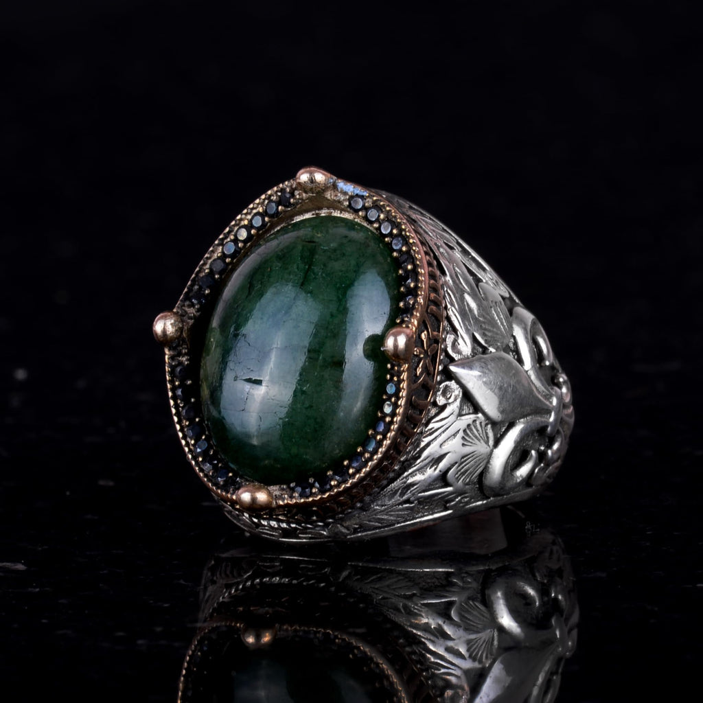 925 Sterling Silver Handmade Men's Ring - Available with Various Natural Stones (Cabochon Emerald) — 4