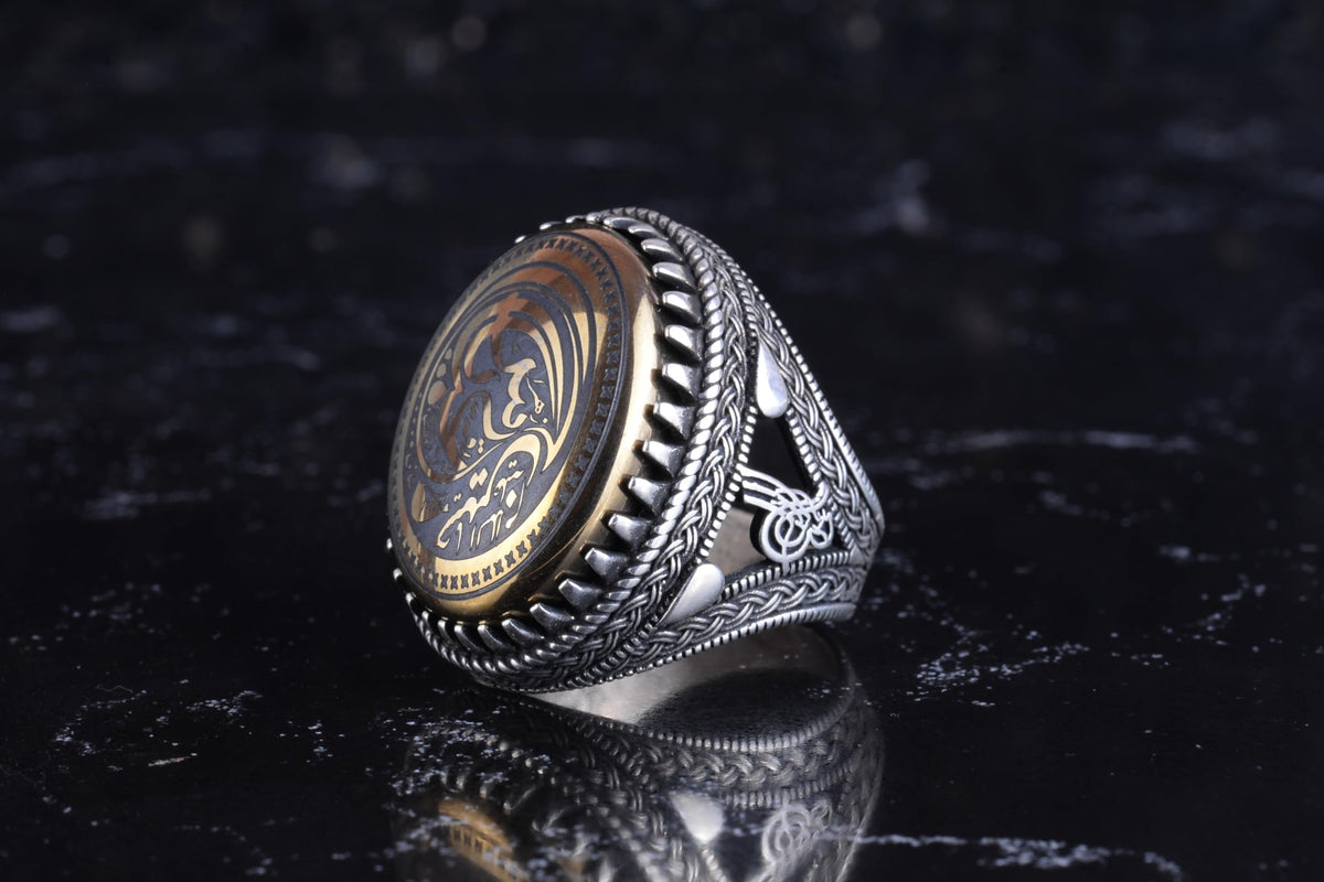 KAMBO Men's Natural Hematite Stone Ring – 925 Sterling Silver Ya Ali Arabic Calligraphy Ring – Ottoman Style Statement Ring — 5