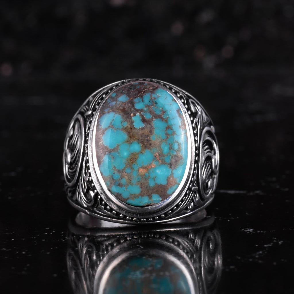 KAMBO Natural Turquoise Stone Men's Ring 925 Sterling Silver Oval Cabochon Ottoman Sliding Pattern Handmade Vintage Style Ring (Turquoise-1) — 4