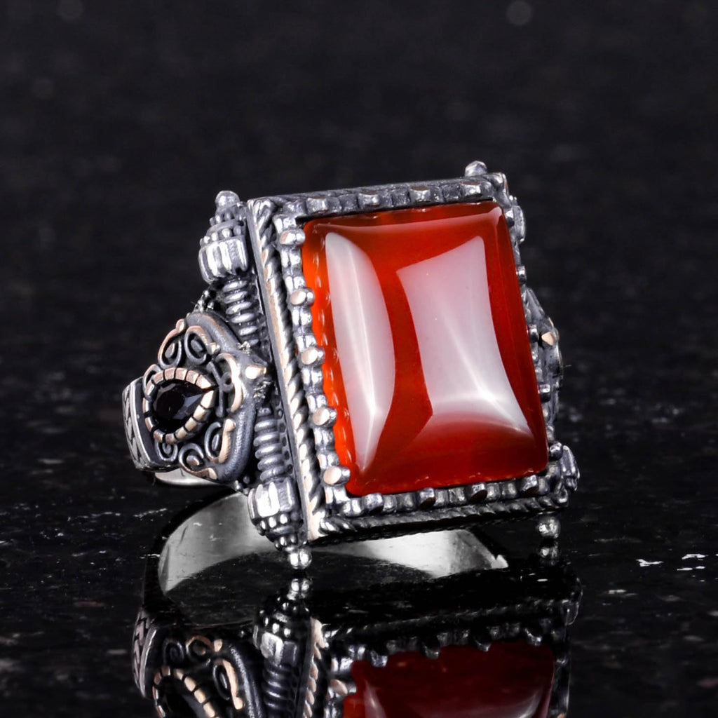 KAMBO Natural Gemstone Ring - 925 Sterling Silver Men's Ring (Red Agate) — 5
