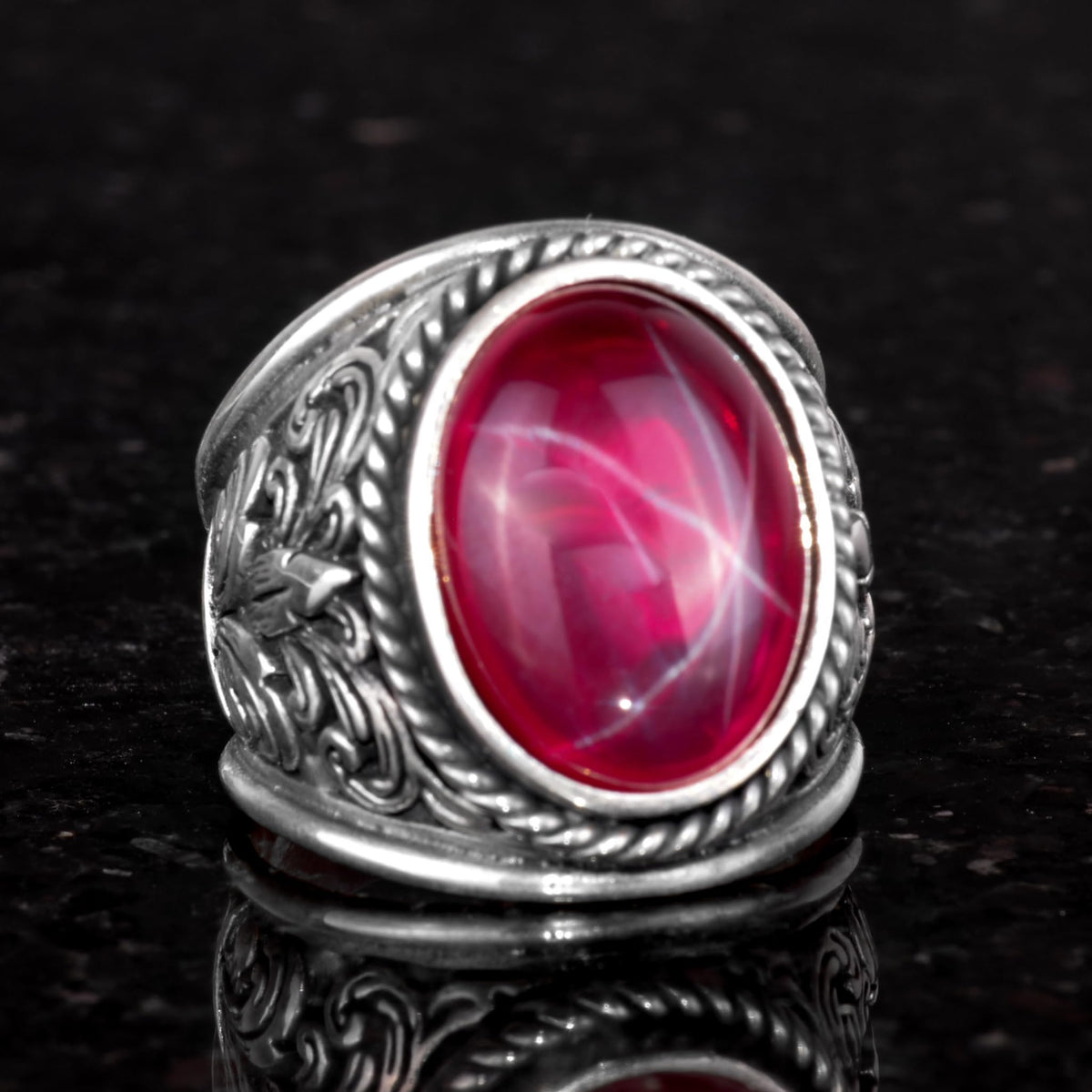 Large Silver Ring, Natural Star Ruby Stone Ring, 925 Sterling Silver — 3
