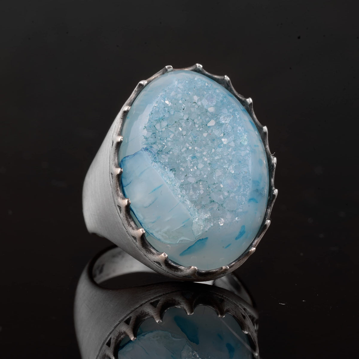 Silver Men's Ring Drusy Quartz Aqua - Shiny Stone Collection — 5
