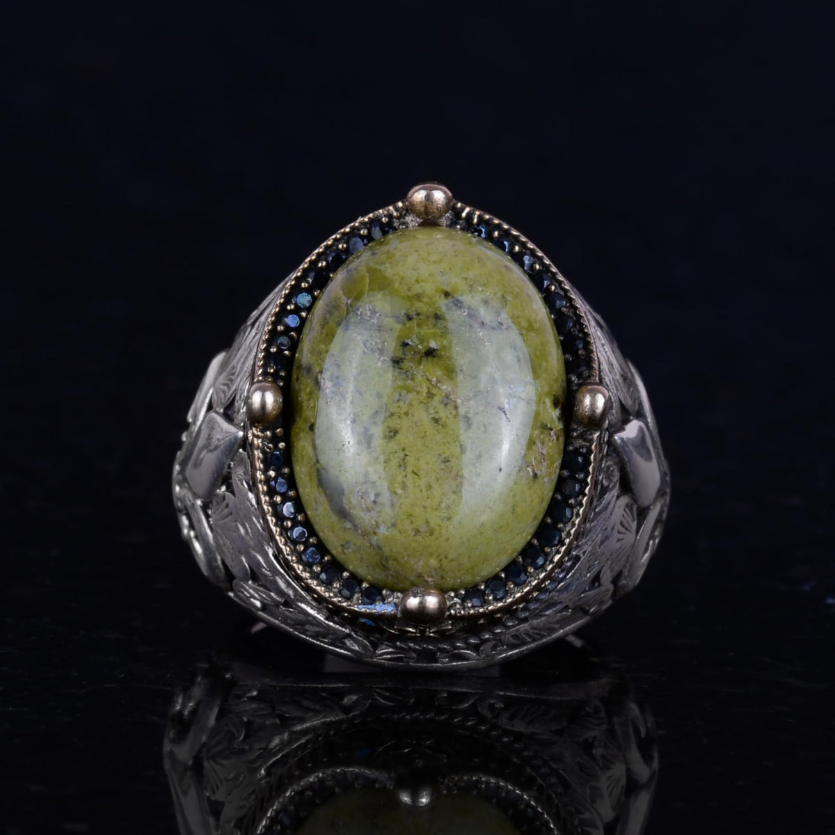 925 Sterling Silver Handcrafted Men's Ring - Available with Various Natural Stones (Unakite) — 5