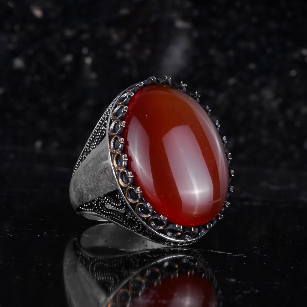 KAMBO Natural Red Agate Men's Ring 925 Sterling Silver - Large Oval Cabochon Statement Vintage Handmade Design — 6