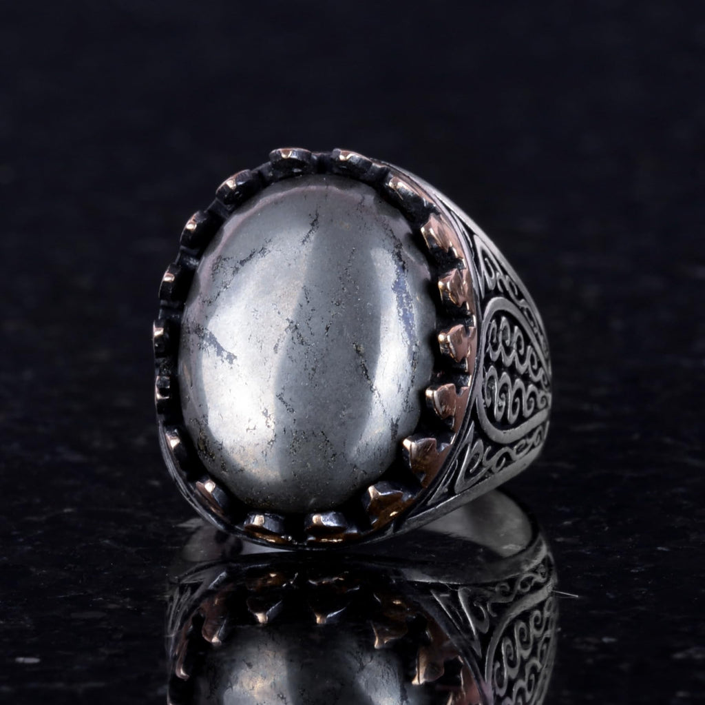 925 Sterling Silver Men's Ring - Natural Pyrite Stone — 4